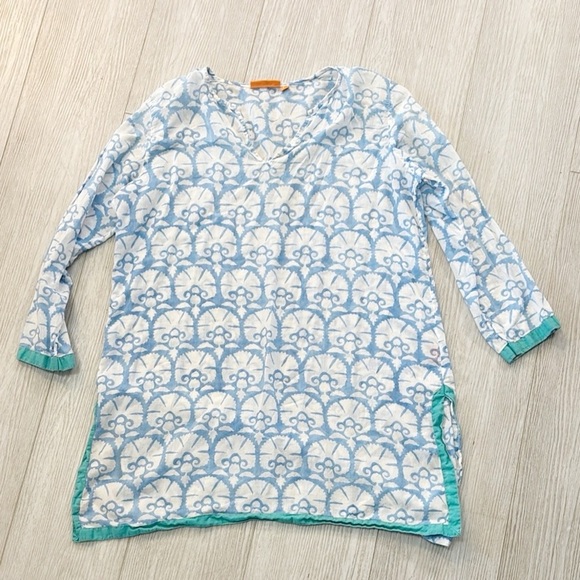 Oliphant Lightweight Tunic Top Dress Coverup Vneck Dusty Blue Aqua White Size M - Picture 2 of 9